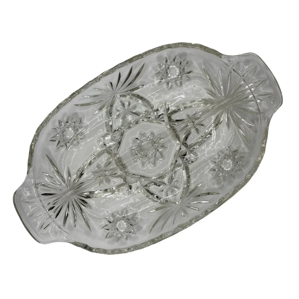 Vintage Clear Glass Divided Candy Dish Serving Tray Starburst Pattern‎ Handles